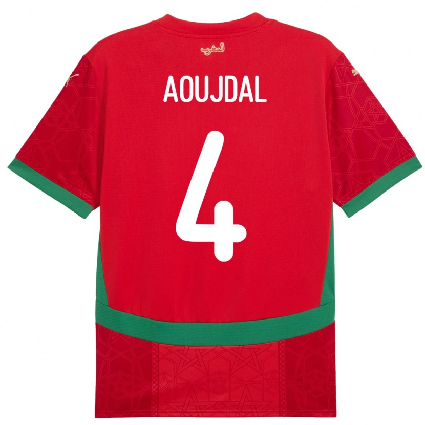 Danxen Børn Marokko Youssef Aoujdal #4 Rød Hjemmebane Spillertrøjer 24-26 Trøje T-Shirt