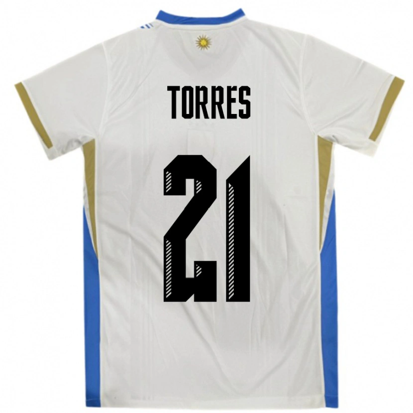 Danxen Børn Uruguay Facundo Torres #21 Hvid Blå Udebane Spillertrøjer 24-26 Trøje T-Shirt