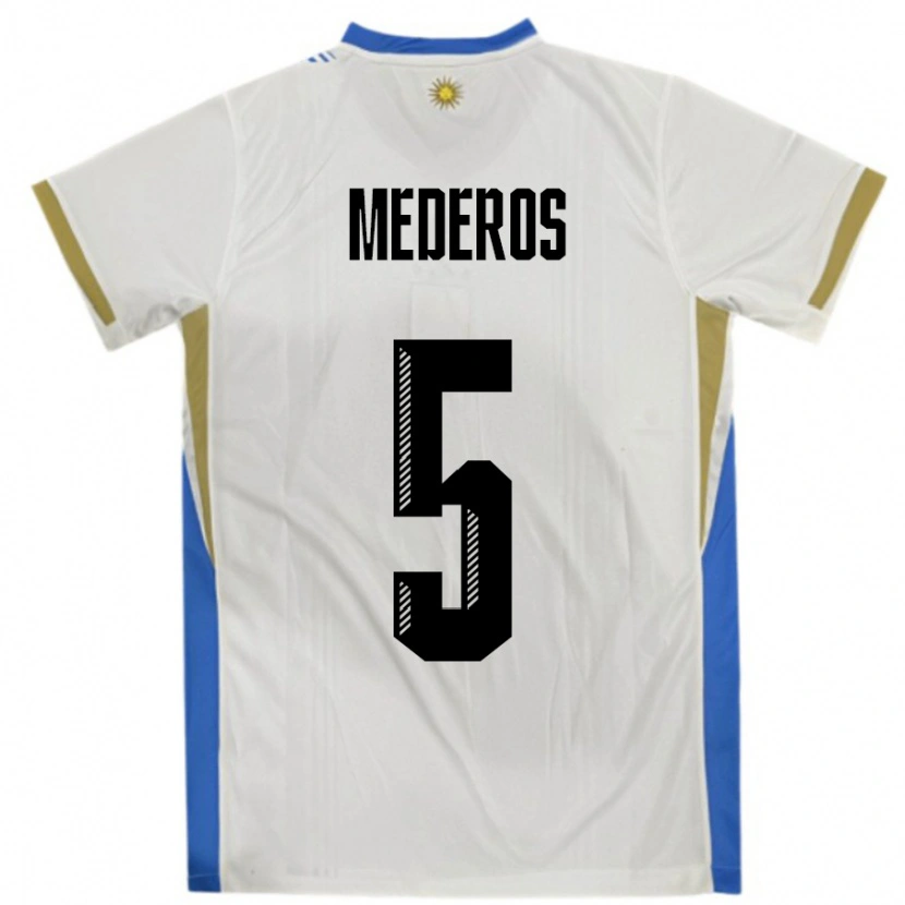 Danxen Børn Uruguay Rodrigo Mederos #5 Hvid Blå Udebane Spillertrøjer 24-26 Trøje T-Shirt