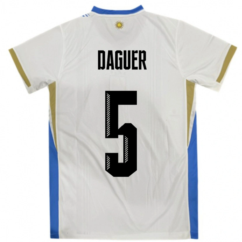 Danxen Børn Uruguay Julio Daguer #5 Hvid Blå Udebane Spillertrøjer 24-26 Trøje T-Shirt