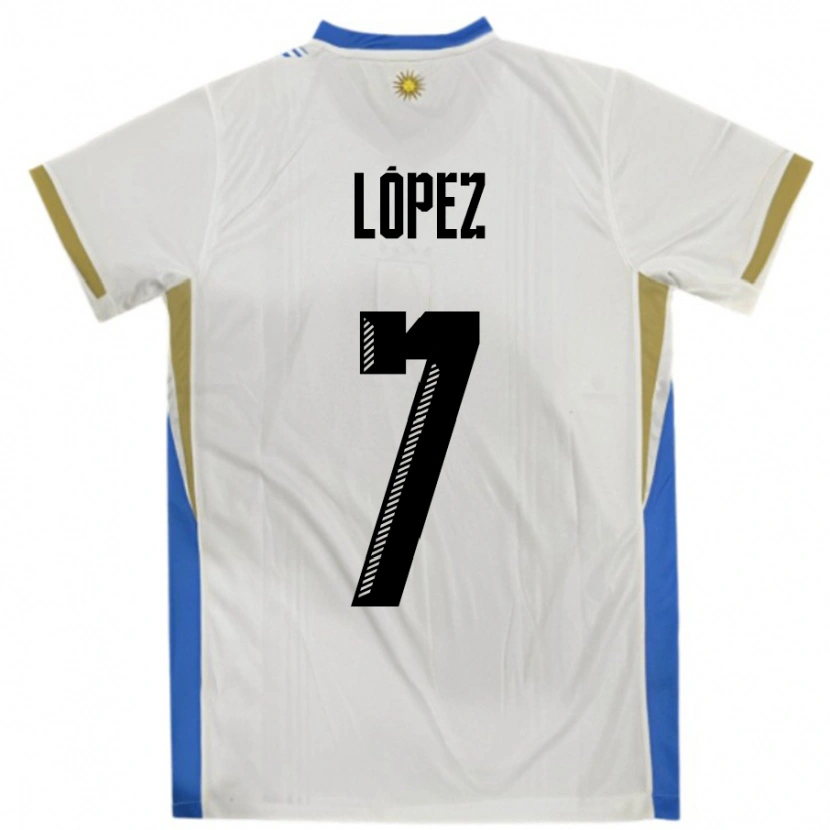 Danxen Børn Uruguay Nahuel López #7 Hvid Blå Udebane Spillertrøjer 24-26 Trøje T-Shirt