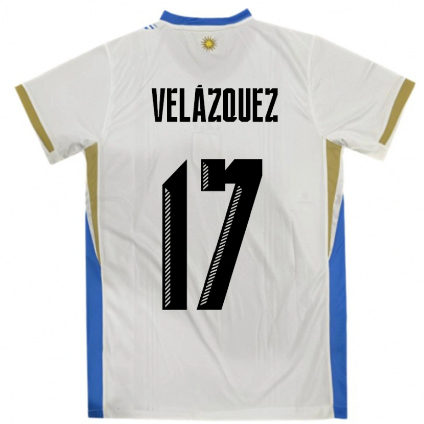 Danxen Børn Uruguay Ezequiel Velázquez #17 Hvid Blå Udebane Spillertrøjer 24-26 Trøje T-Shirt