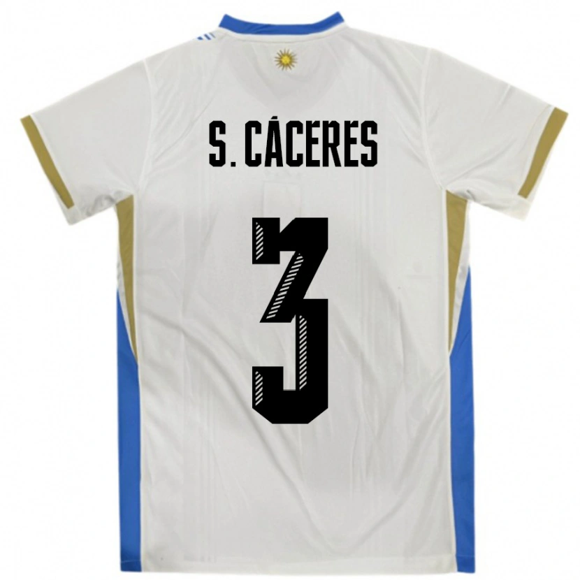 Danxen Børn Uruguay Sebastian Caceres #3 Hvid Blå Udebane Spillertrøjer 24-26 Trøje T-Shirt