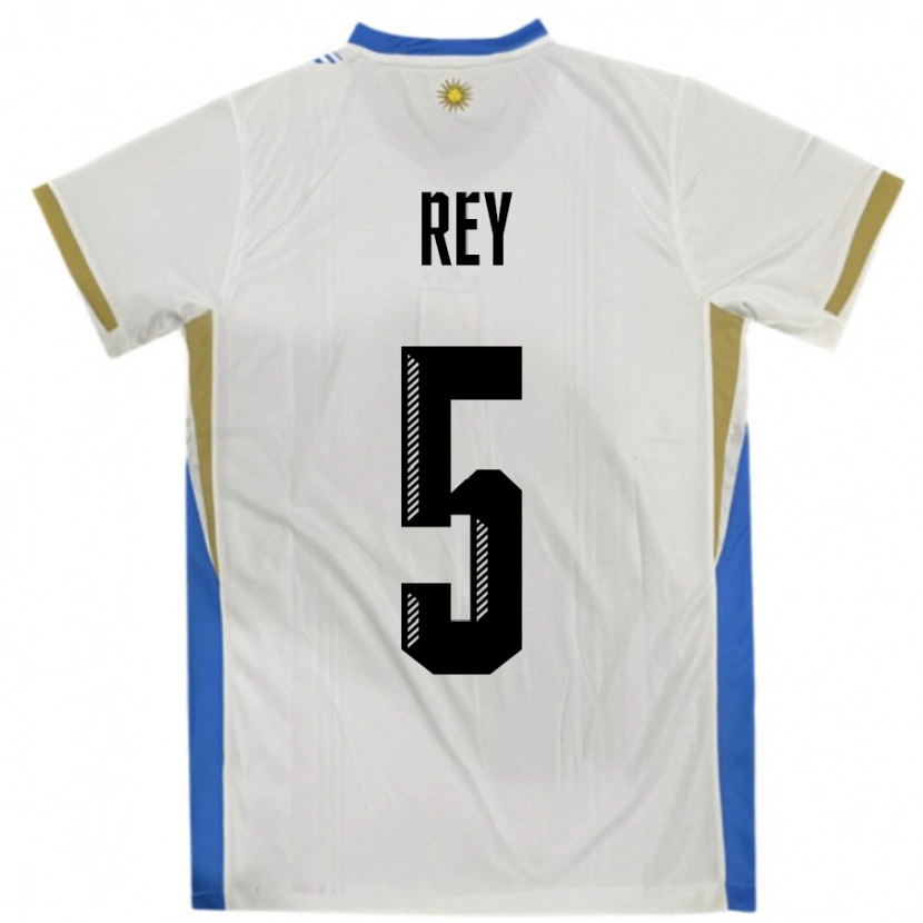 Danxen Børn Uruguay Rodrigo Rey #5 Hvid Blå Udebane Spillertrøjer 24-26 Trøje T-Shirt