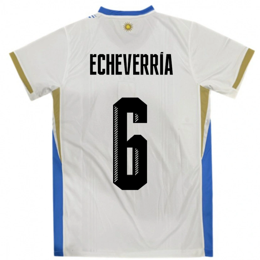 Danxen Børn Uruguay Juan Echeverria #6 Hvid Blå Udebane Spillertrøjer 24-26 Trøje T-Shirt