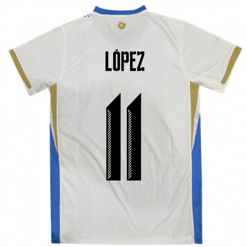 Danxen Børn Uruguay Guillermo Lopez #11 Hvid Blå Udebane Spillertrøjer 24-26 Trøje T-Shirt