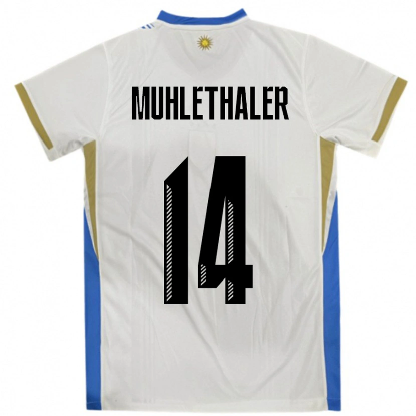 Danxen Børn Uruguay Stiven Muhlethaler #14 Hvid Blå Udebane Spillertrøjer 24-26 Trøje T-Shirt