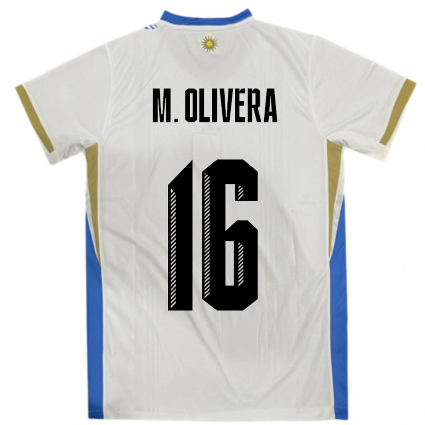 Danxen Børn Uruguay Mathias Olivera #16 Hvid Blå Udebane Spillertrøjer 24-26 Trøje T-Shirt