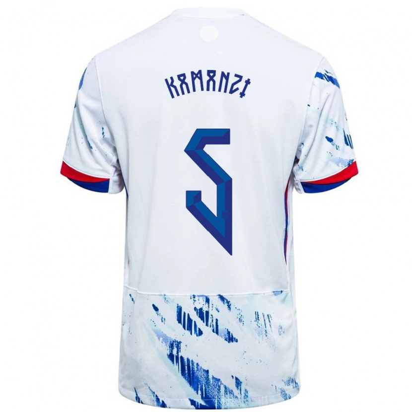 Danxen Børn Norge Warren Kamanzi #5 Hvid Blå Udebane Spillertrøjer 24-26 Trøje T-Shirt