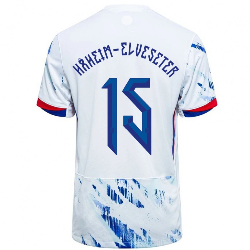 Danxen Mænd Norge Martin Håheim-Elveseter #15 Hvid Blå Udebane Spillertrøjer 24-26 Trøje T-Shirt