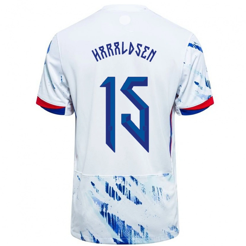 Danxen Mænd Norge Henrik Haraldsen #15 Hvid Blå Udebane Spillertrøjer 24-26 Trøje T-Shirt