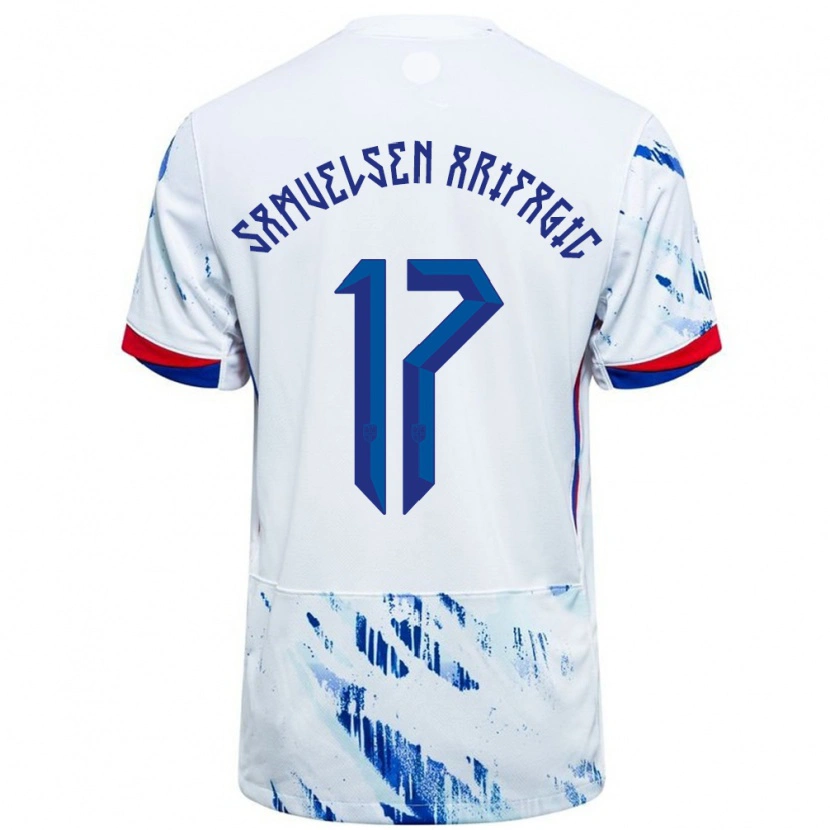 Danxen Mænd Norge Elias Samuelsen Arifagic #17 Hvid Blå Udebane Spillertrøjer 24-26 Trøje T-Shirt