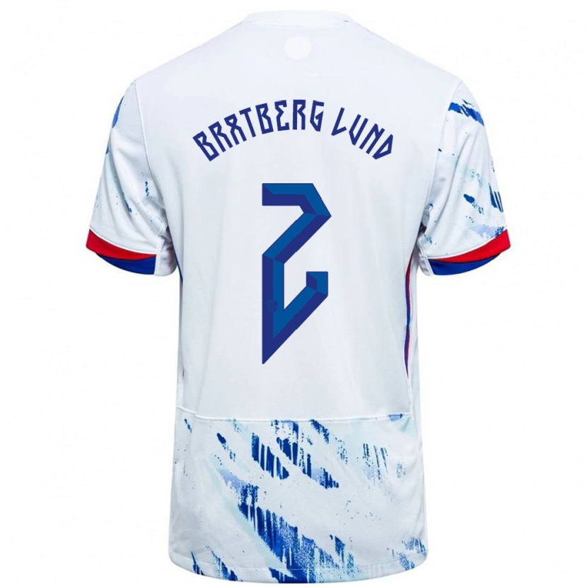 Danxen Mænd Norge Marit Bratberg Lund #2 Hvid Blå Udebane Spillertrøjer 24-26 Trøje T-Shirt