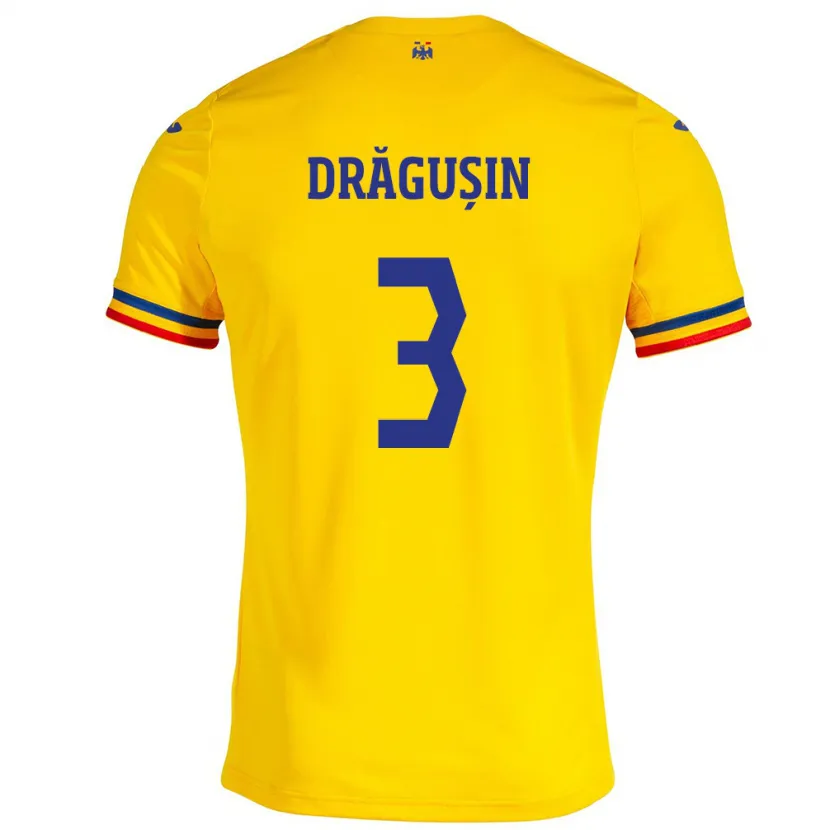 Danxen Børn Rumænien Radu Drăgușin #3 Gul Hjemmebane Spillertrøjer 24-26 Trøje T-Shirt