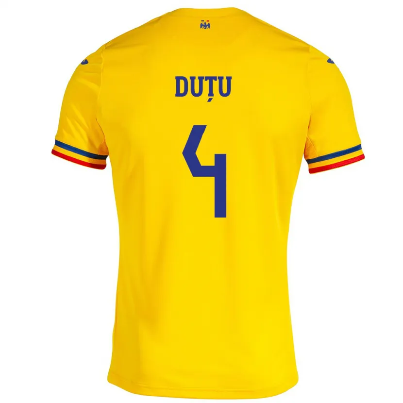 Danxen Børn Rumænien Ștefan Duțu #4 Gul Hjemmebane Spillertrøjer 24-26 Trøje T-Shirt