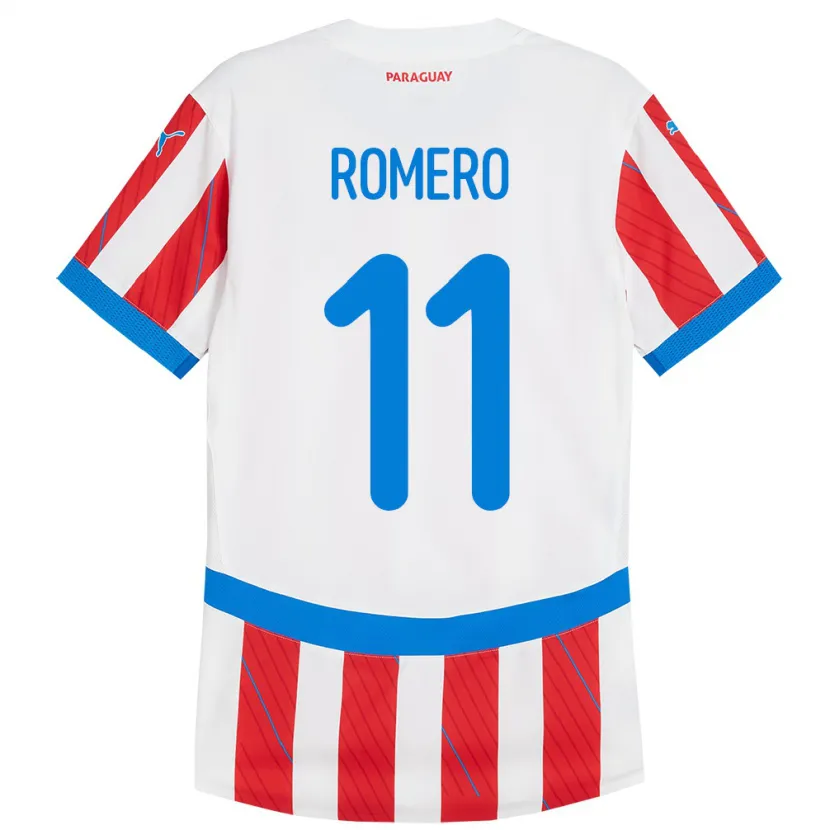 Danxen Børn Paraguay Ángel Romero #11 Hvid Rød Hjemmebane Spillertrøjer 24-26 Trøje T-Shirt