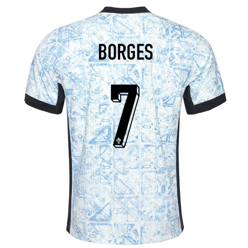 Danxen Børn Portugal Carlos Borges #7 Creme Blå Udebane Spillertrøjer 24-26 Trøje T-Shirt