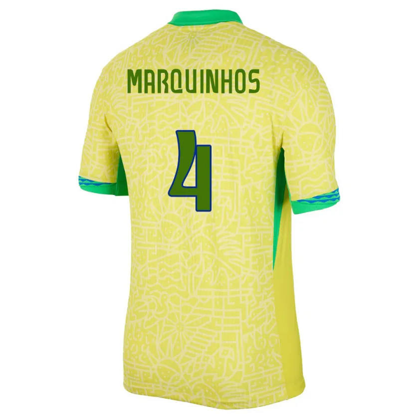 Danxen Mænd Brasilien Marquinhos #4 Gul Hjemmebane Spillertrøjer 24-26 Trøje T-Shirt