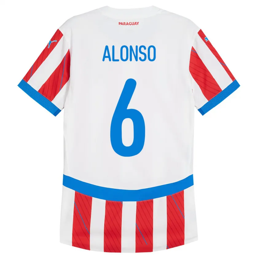 Danxen Mænd Paraguay Júnior Alonso #6 Hvid Rød Hjemmebane Spillertrøjer 24-26 Trøje T-Shirt